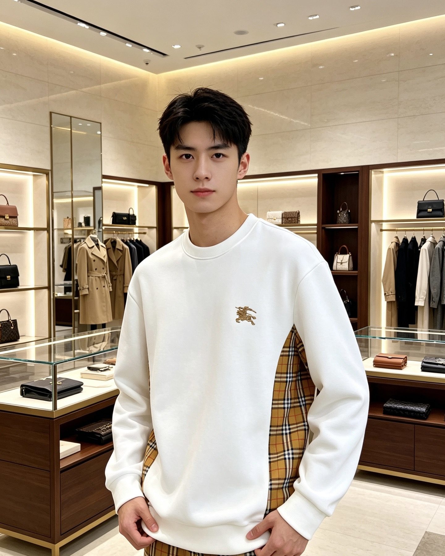 Burb*rry 26SS Equestrian Knight Embroidered Check Hem Crewneck Sweatshirt