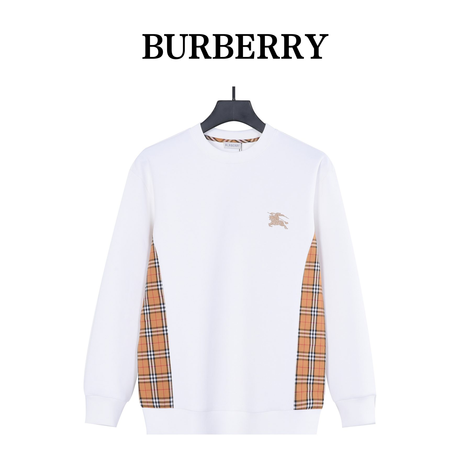 Burb*rry 26SS Equestrian Knight Embroidered Check Hem Crewneck Sweatshirt