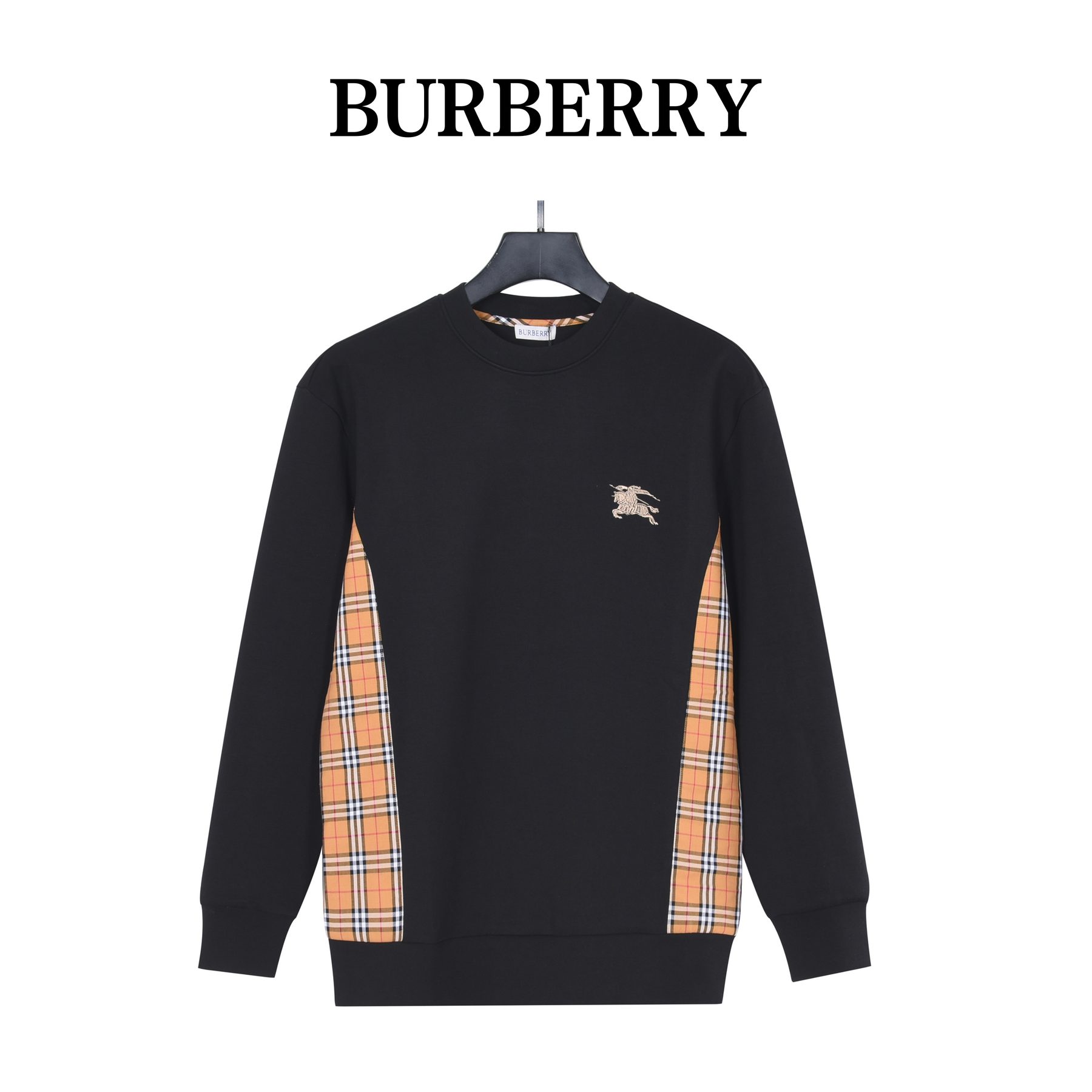 Burb*rry 26SS Equestrian Knight Embroidered Check Hem Crewneck Sweatshirt