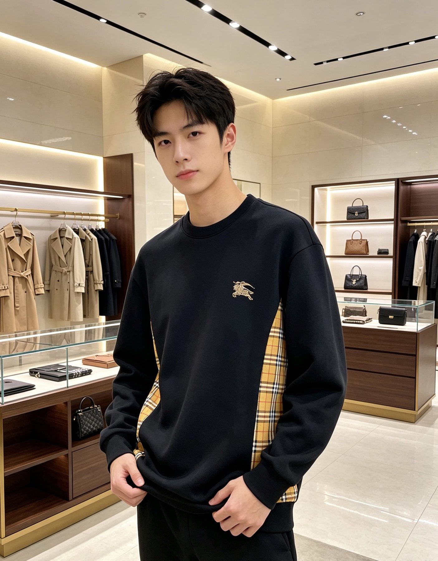 Burb*rry 26SS Equestrian Knight Embroidered Check Hem Crewneck Sweatshirt