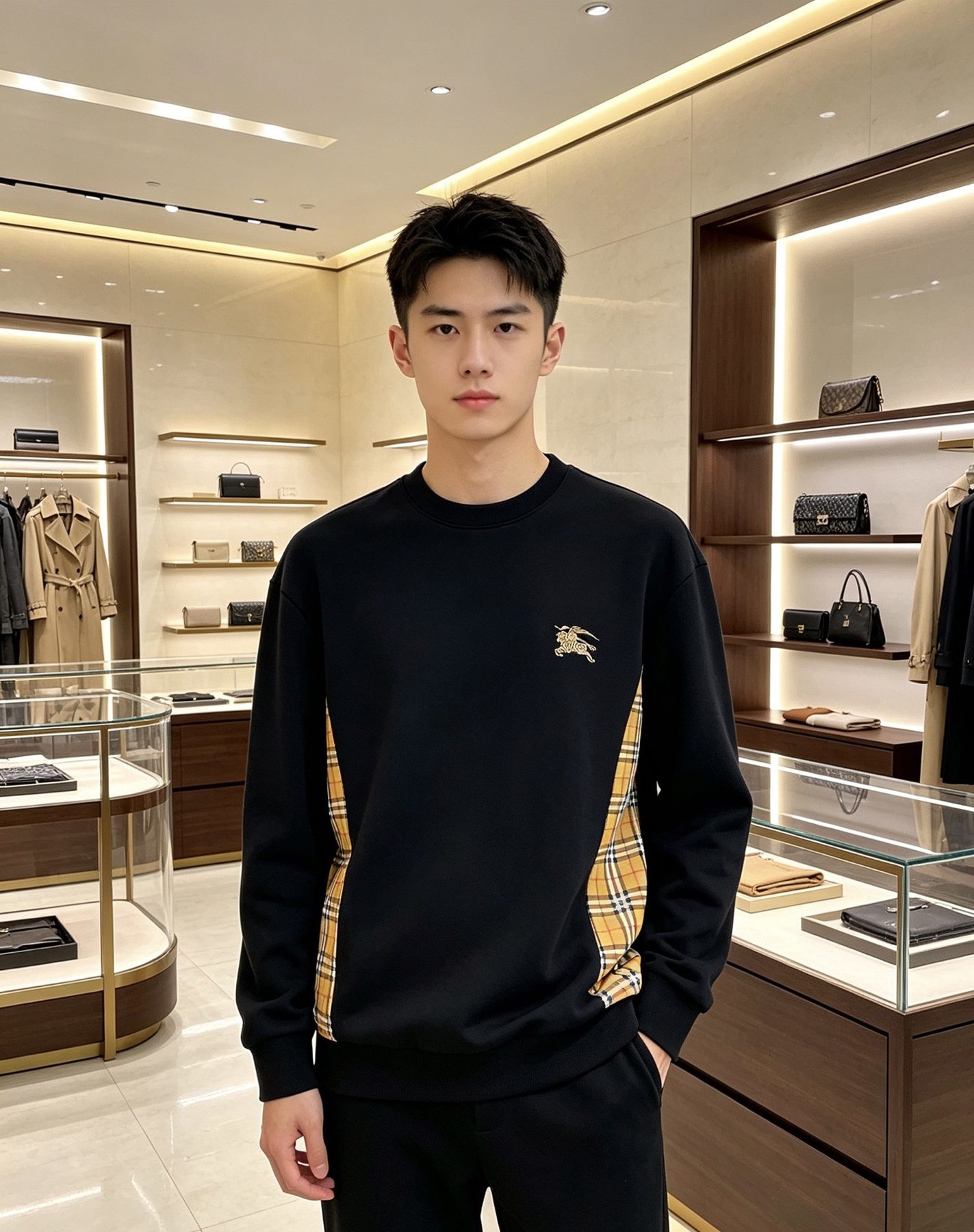 Burb*rry 26SS Equestrian Knight Embroidered Check Hem Crewneck Sweatshirt