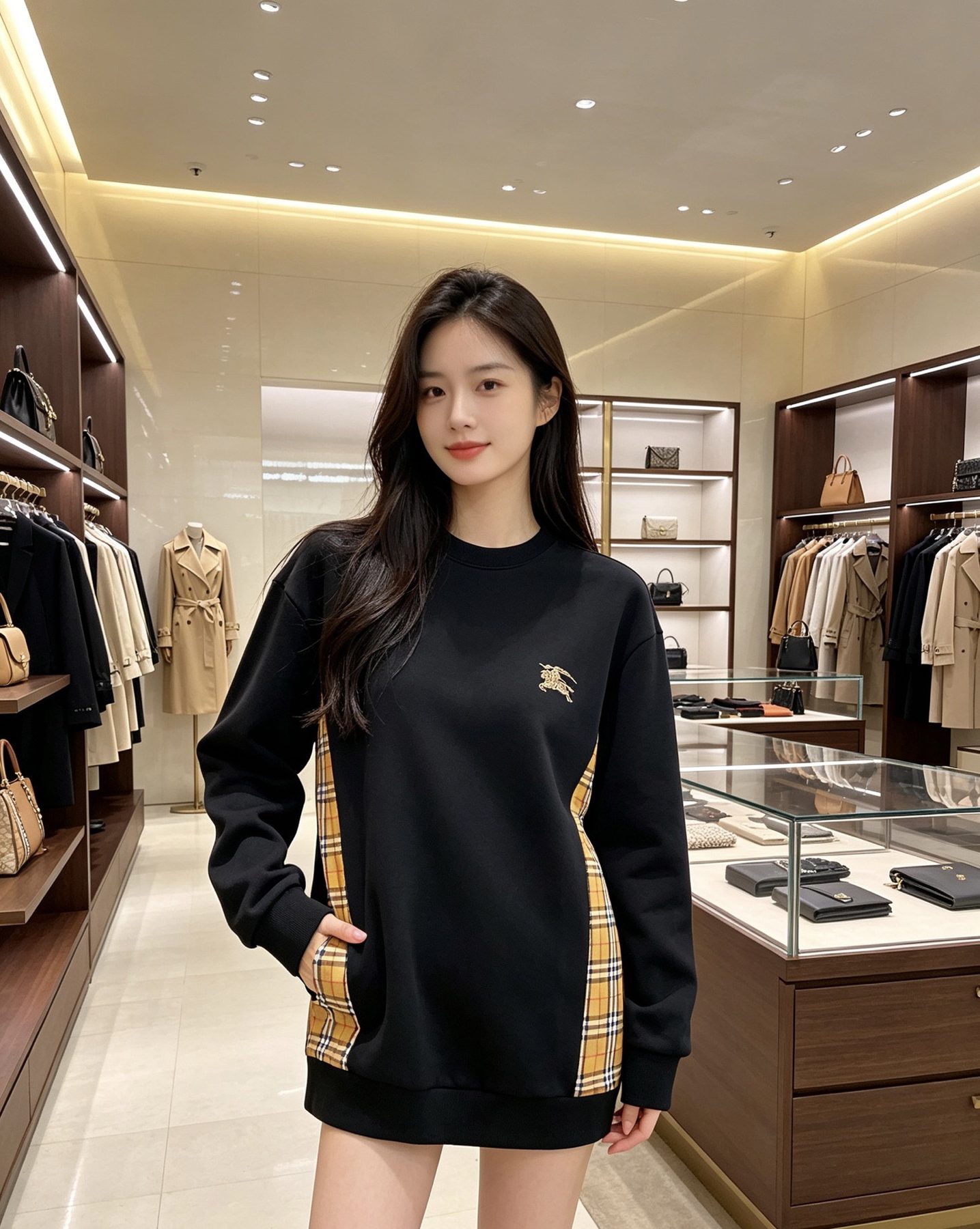 Burb*rry 26SS Equestrian Knight Embroidered Check Hem Crewneck Sweatshirt