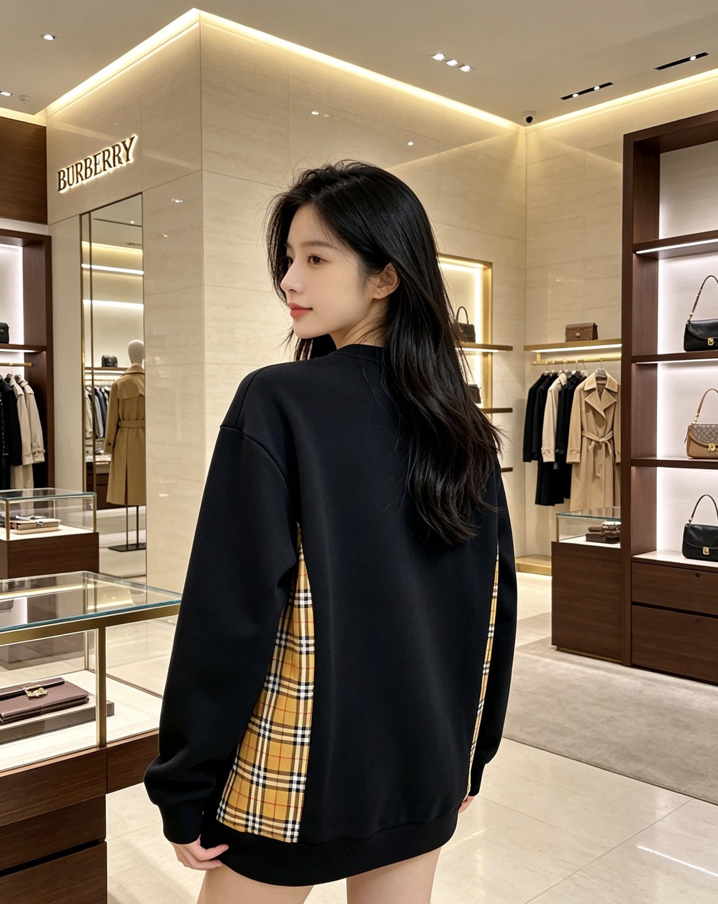 Burb*rry 26SS Equestrian Knight Embroidered Check Hem Crewneck Sweatshirt